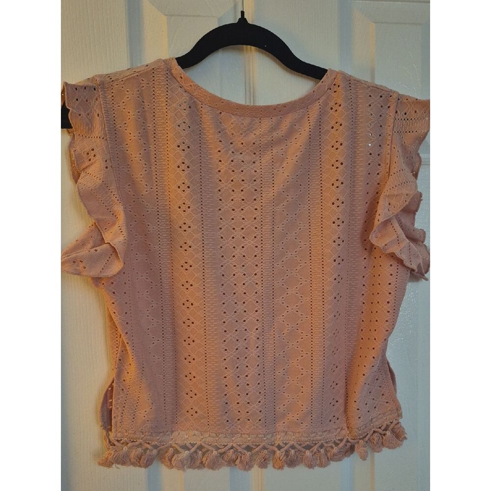 Light Pink Eyelet Crochet Tassel Flutter Sleeve Boxy Crop Top Sz  XL